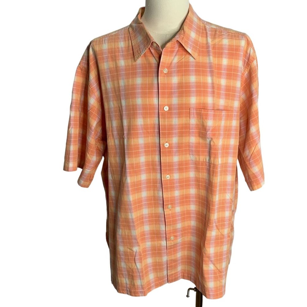 Arrow Summer Prep Button Up Camp Shirt XXL Orange Plaid Short Sleeves Pocket